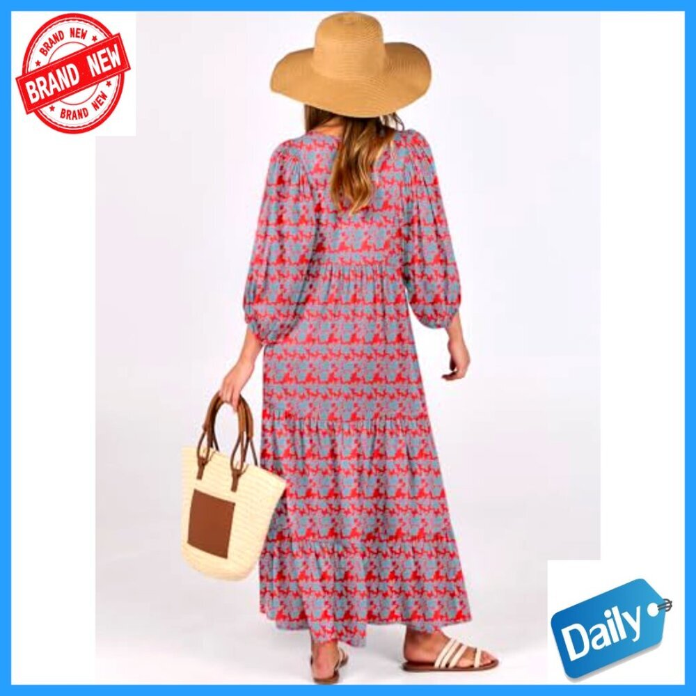 Boho Maxi Dress with Puff Sleeves, V-Neck, Flowy Swing Fit - Picture 4 of 7